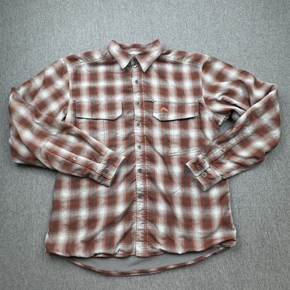 Simms Shirt Mens M Orange Plaid Flannel Thermal Lined Button Up Fishing Guide
